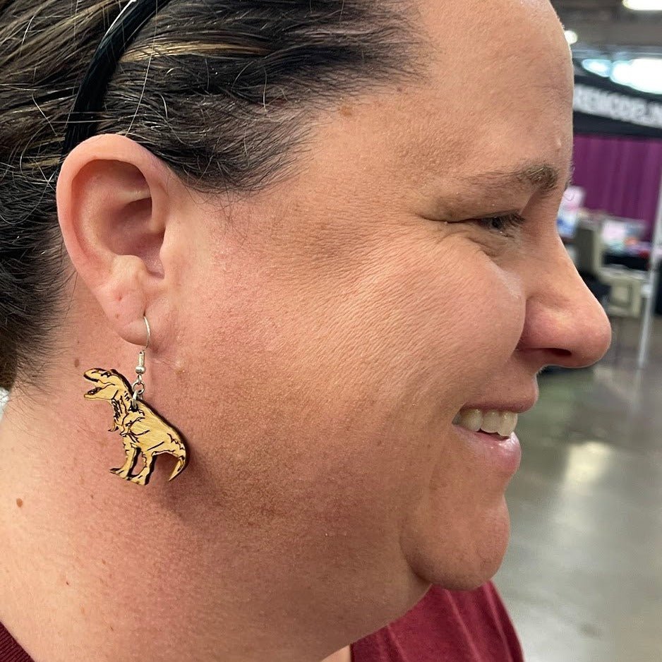 T Rex Dinosaur Wooden Dangle Earrings | Prehistoric Jewelry by Cate's Concepts, LLC, handmade jewelry detail photo 2