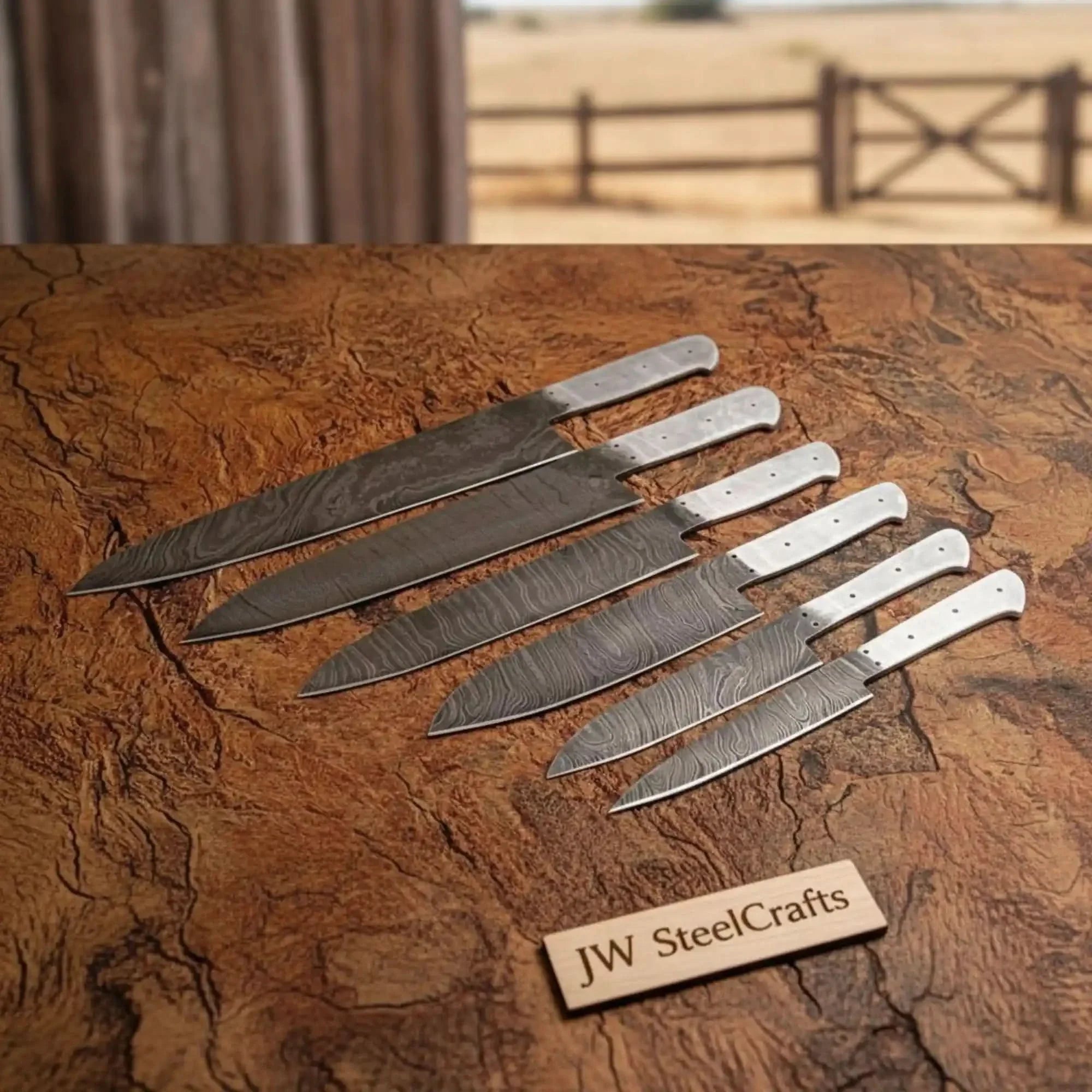 6-Piece Damascus Steel Blade Blank Set — 8 to 14 Inch Knife Making Blanks with Full Tang | JW Steel Crafts by JW SteelCrafts, Damascus knife main product photo