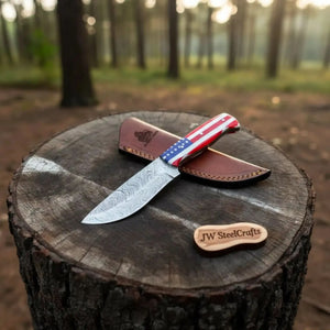 Damascus Steel USA Flag Outdoor Knife — Wave Pattern Blade, American Flag Resin Handle & Burgundy Leather Sheath