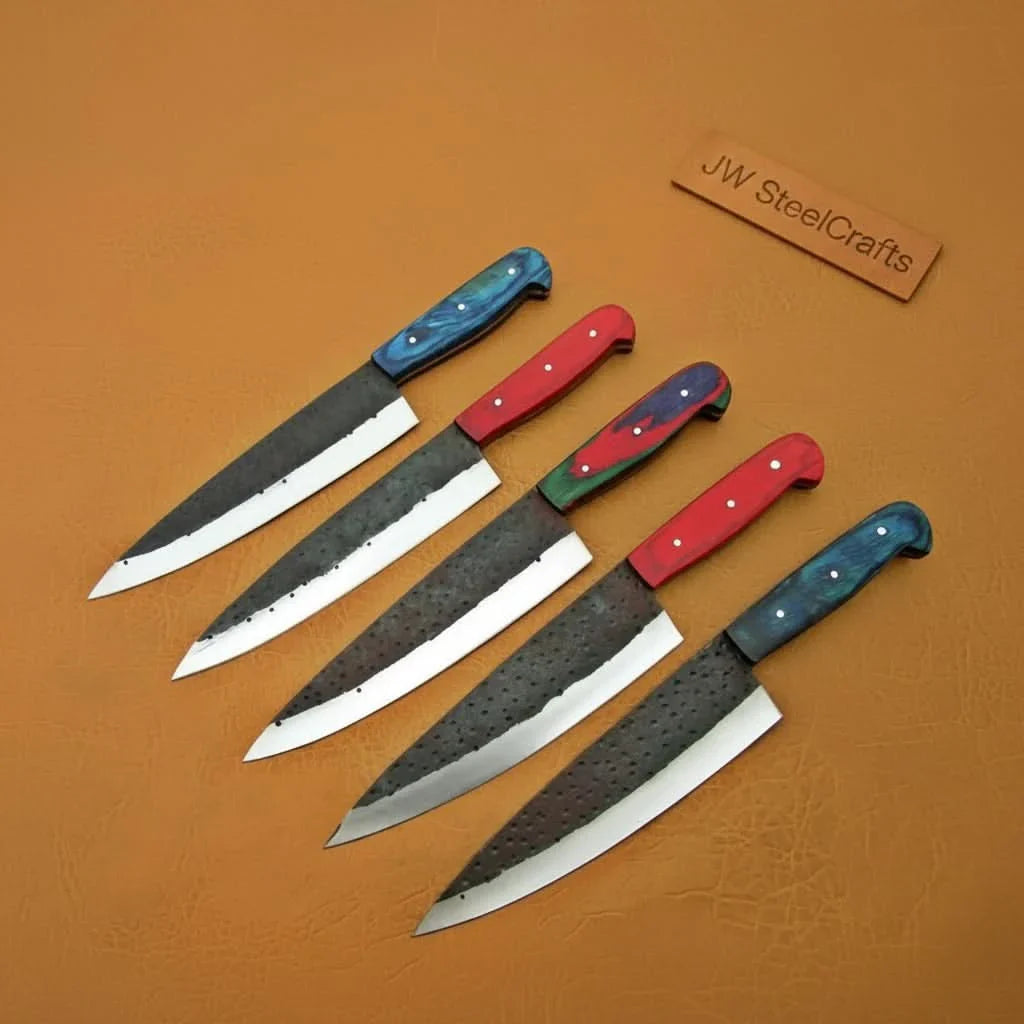 5-Piece Kurouchi Carbon Steel Kitchen Knife Set — Gyuto, Santoku, Utility, Petty & Paring with Multicolor Pakka Wood Handles | JW Steel Crafts by JW SteelCrafts, Damascus knife