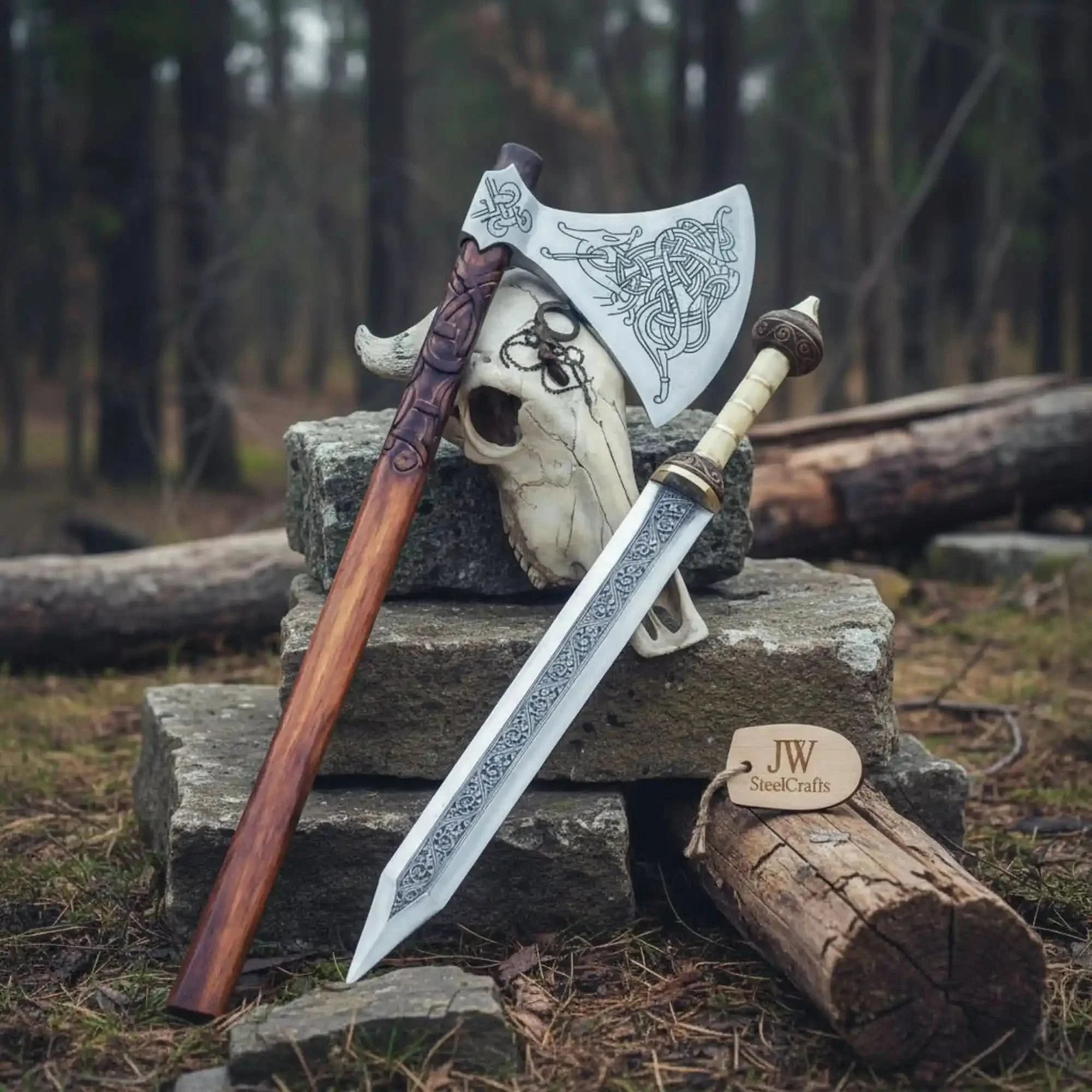 Custom Handmade Stainless Steel Double Handed Viking axe set with Handmade Gladius piece by JW SteelCrafts, Southern lifestyle apparel main product photo