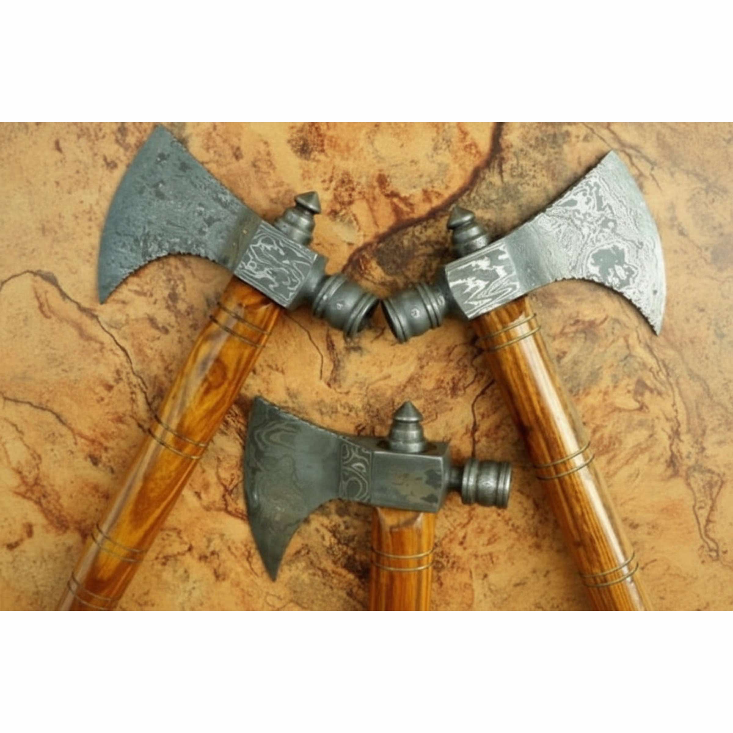 Viking Skeggøx Trio — Matching Short-Hafted Bearded Axes in Pattern-Welded Steel by JW SteelCrafts, Southern lifestyle apparel detail photo 2