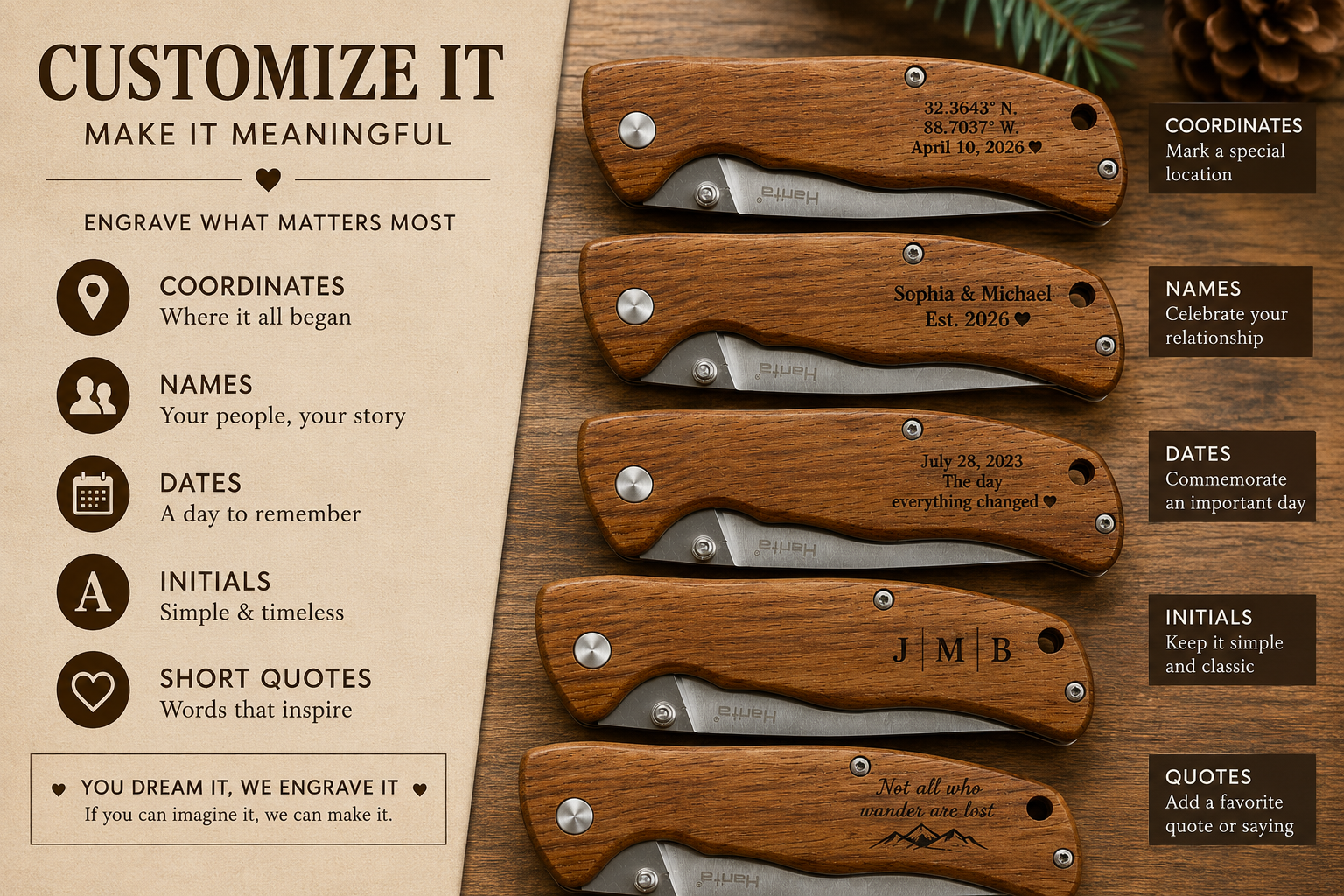 Personalized Engraved Wood Handle Pocket Knife by Poor Hog Customs, Damascus knife detail photo 8