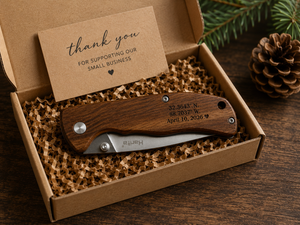 Personalized Engraved Wood Handle Pocket Knife by Poor Hog Customs, Damascus knife detail photo 7