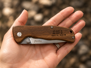 Personalized Engraved Wood Handle Pocket Knife by Poor Hog Customs, Damascus knife detail photo 5