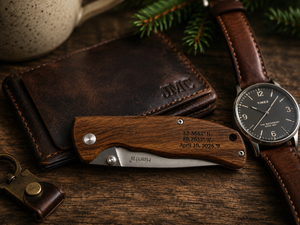 Personalized Engraved Wood Handle Pocket Knife by Poor Hog Customs, Damascus knife detail photo 6