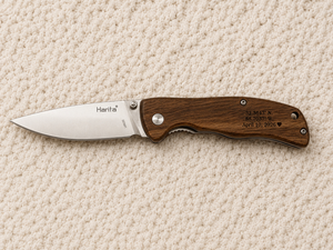 Personalized Engraved Wood Handle Pocket Knife by Poor Hog Customs, Damascus knife detail photo 3