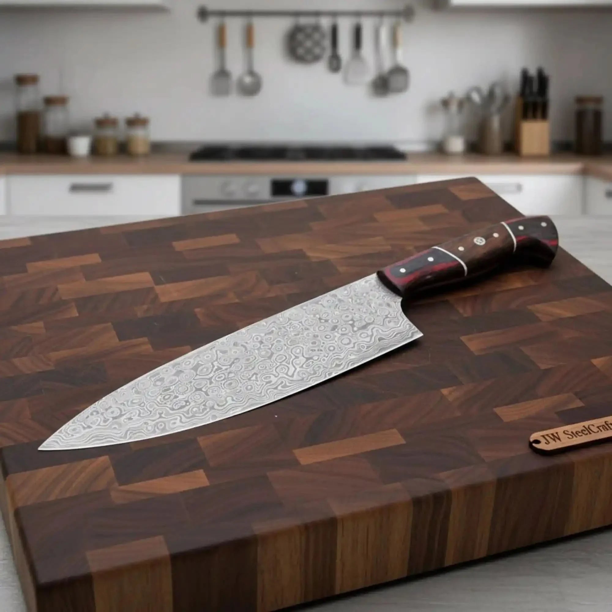 Handcrafted Damascus Kiritsuke Chef Knife – Raindrop Pattern Blade, Red Pakka Wood & Rosewood Handle, Mosaic Pins by JW SteelCrafts, Damascus knife main product photo