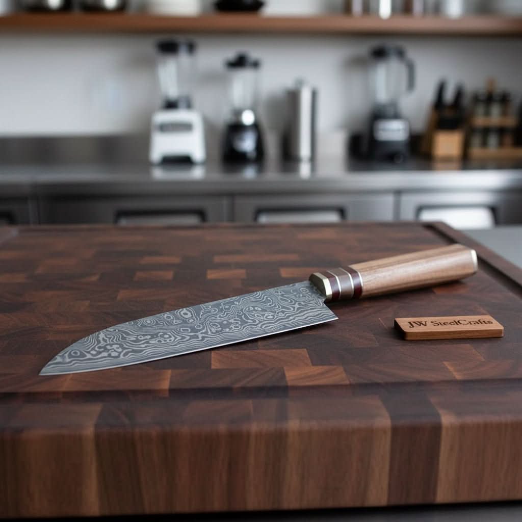 Japanese Utility Knife, Handmade Damascus Petty Knife with Walnut Handle, Small Kitchen Knife by JW SteelCrafts, Damascus knife main product photo