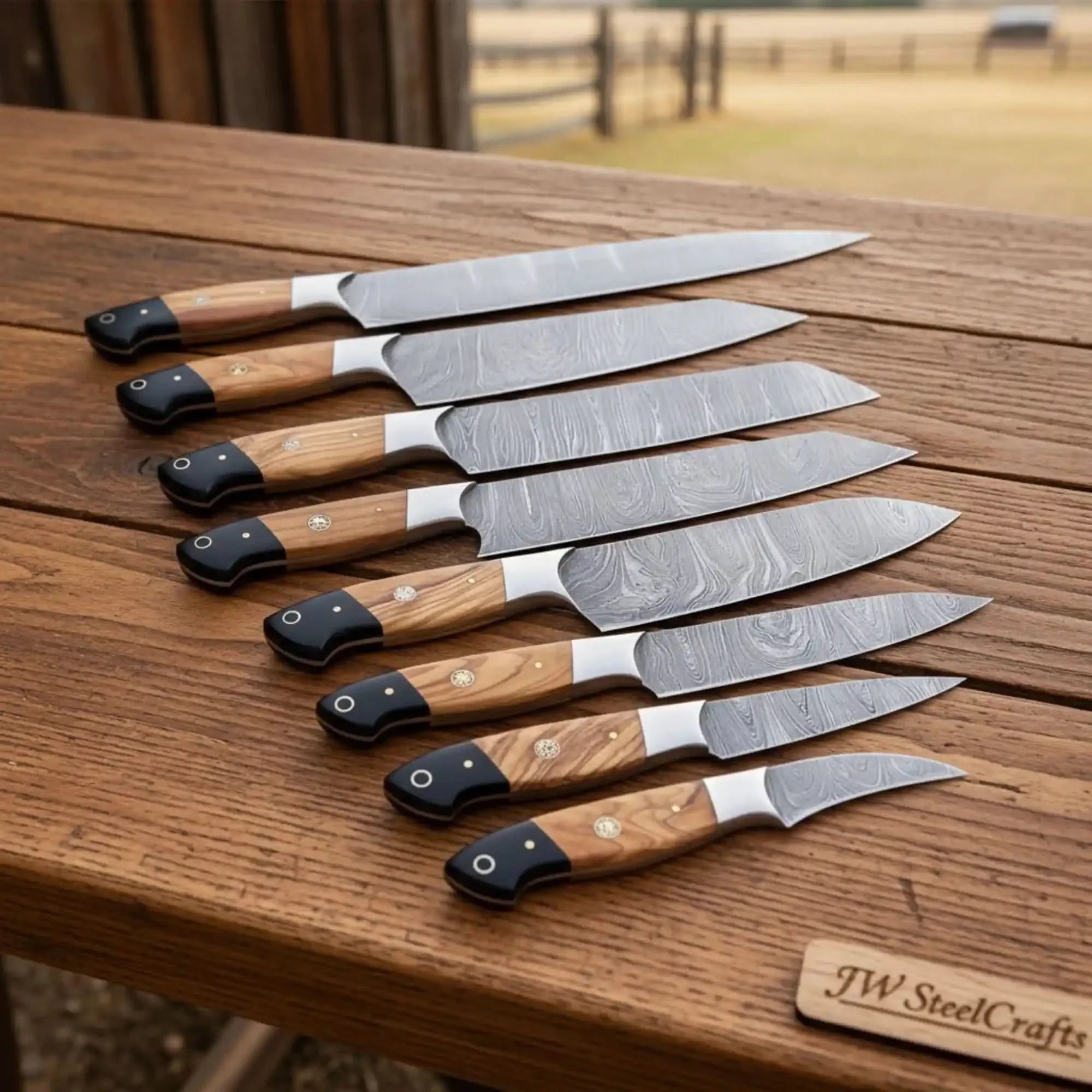 7-Piece Full Tang Damascus Gyuto Knife Set with Olive Wood Handles by JW SteelCrafts, Damascus knife main product photo