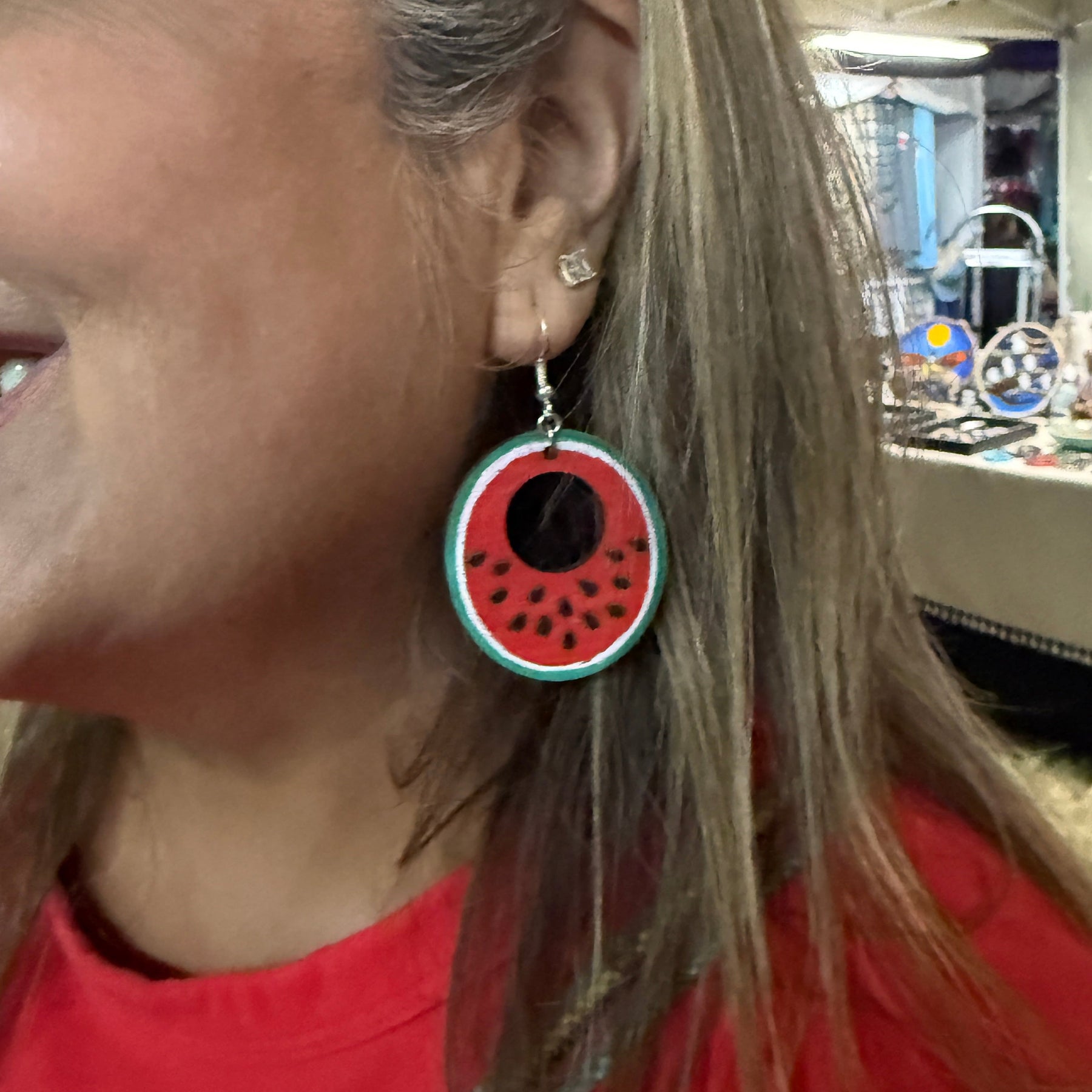 Watermelon Slice Hoop Wooden Dangle Earrings | Summer Fruit Jewelry