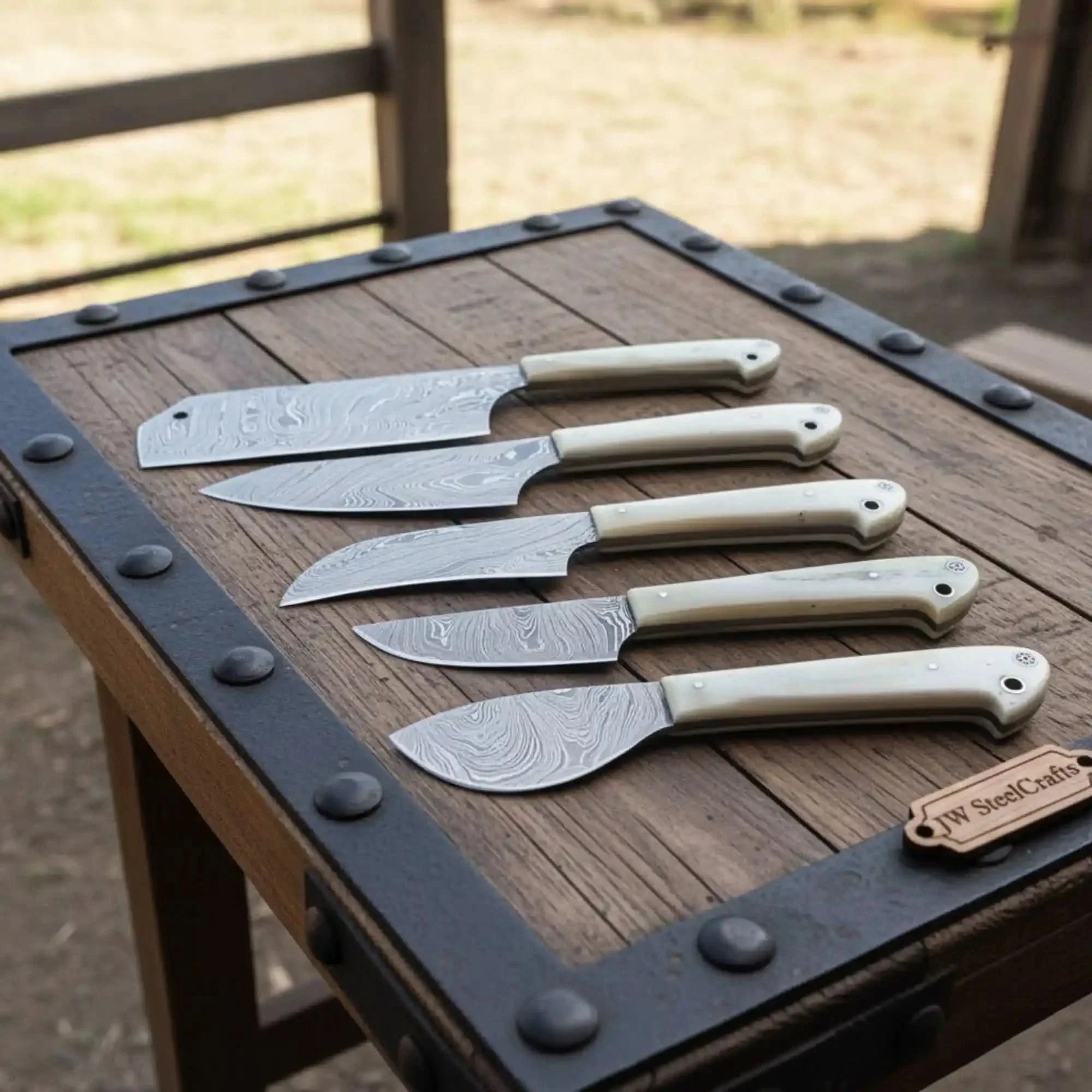 5-Piece Handmade Damascus Steel Kitchen Knife Set – White Micarta Handles | Chef, Santoku, Utility, Paring & Petty Knives by JW SteelCrafts, Damascus knife main product photo