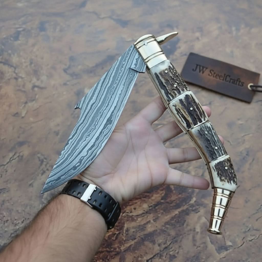 Handcrafted Damascus Steel Big Folding Knife with Genuine Antler Stag Horn Handle by JW SteelCrafts, Damascus knife main product photo