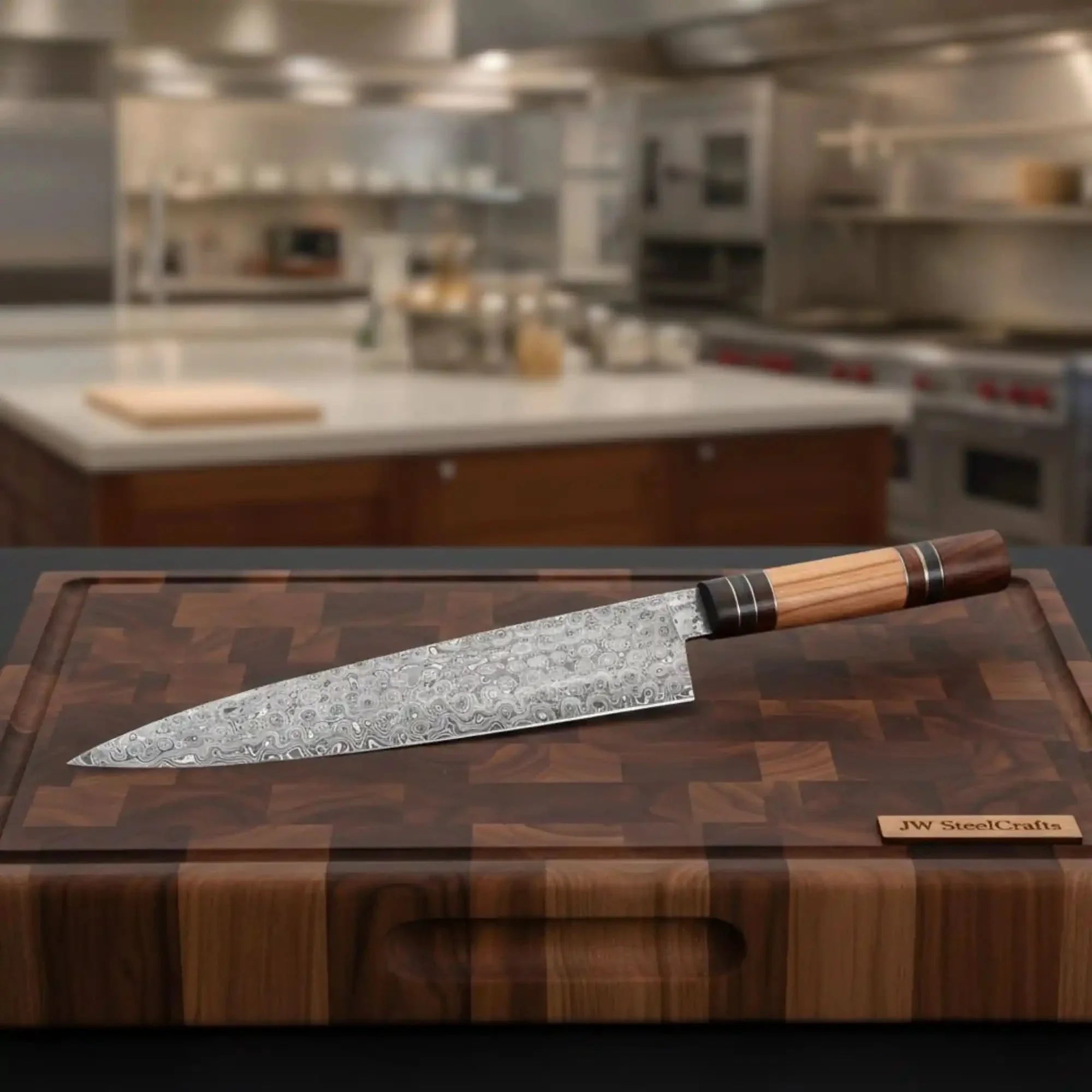 13" Raindrop Damascus Kiritsuke Chef Knife — 8" Blade with Olive Wood & Rosewood Handle by JW SteelCrafts, Damascus knife main product photo