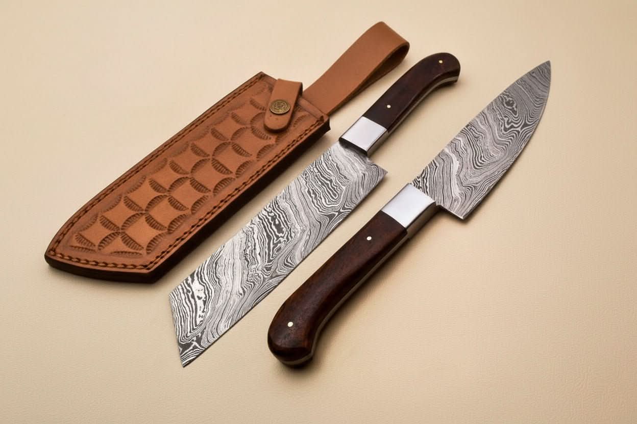 Handmade Damascus Kiritsuke Gyuto and Gyuto Knife Set of 2, Japanese Kitchen Knife Set, Forged Damascus Steel Chef Knife Set, Walnut Wood Handles, JW by JW SteelCrafts, Damascus