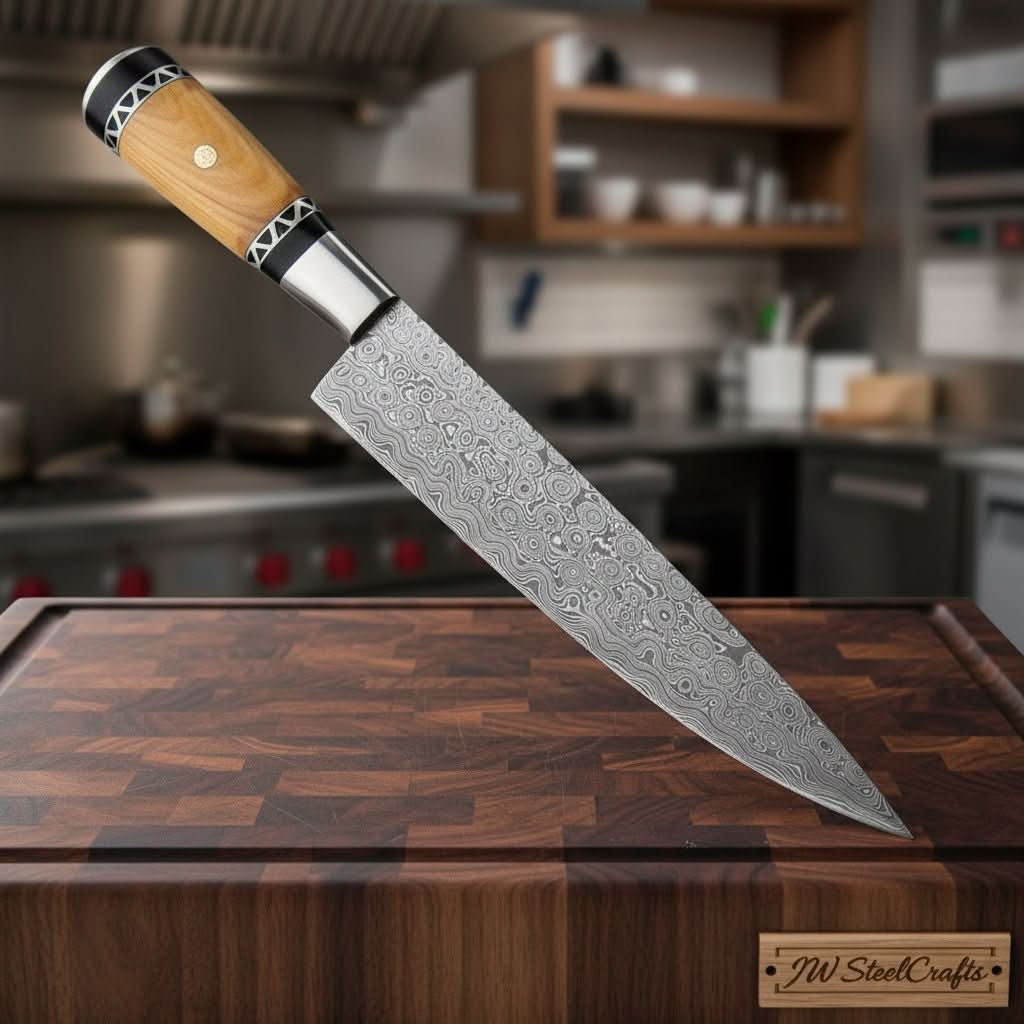 Hand-Forged Damascus Kiritsuke Chef Knife, Japanese Steel with Olive Wood Handle by JW SteelCrafts, Damascus knife main product photo