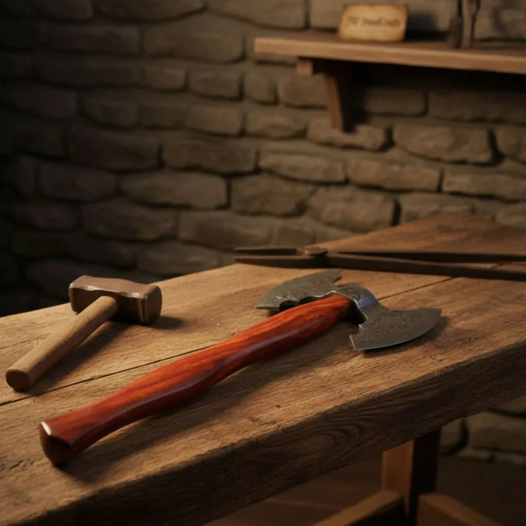 Handmade Viking Camp Axe, Broad Crescent Pattern-Welded Blade by JW SteelCrafts, scented candle detail photo 2
