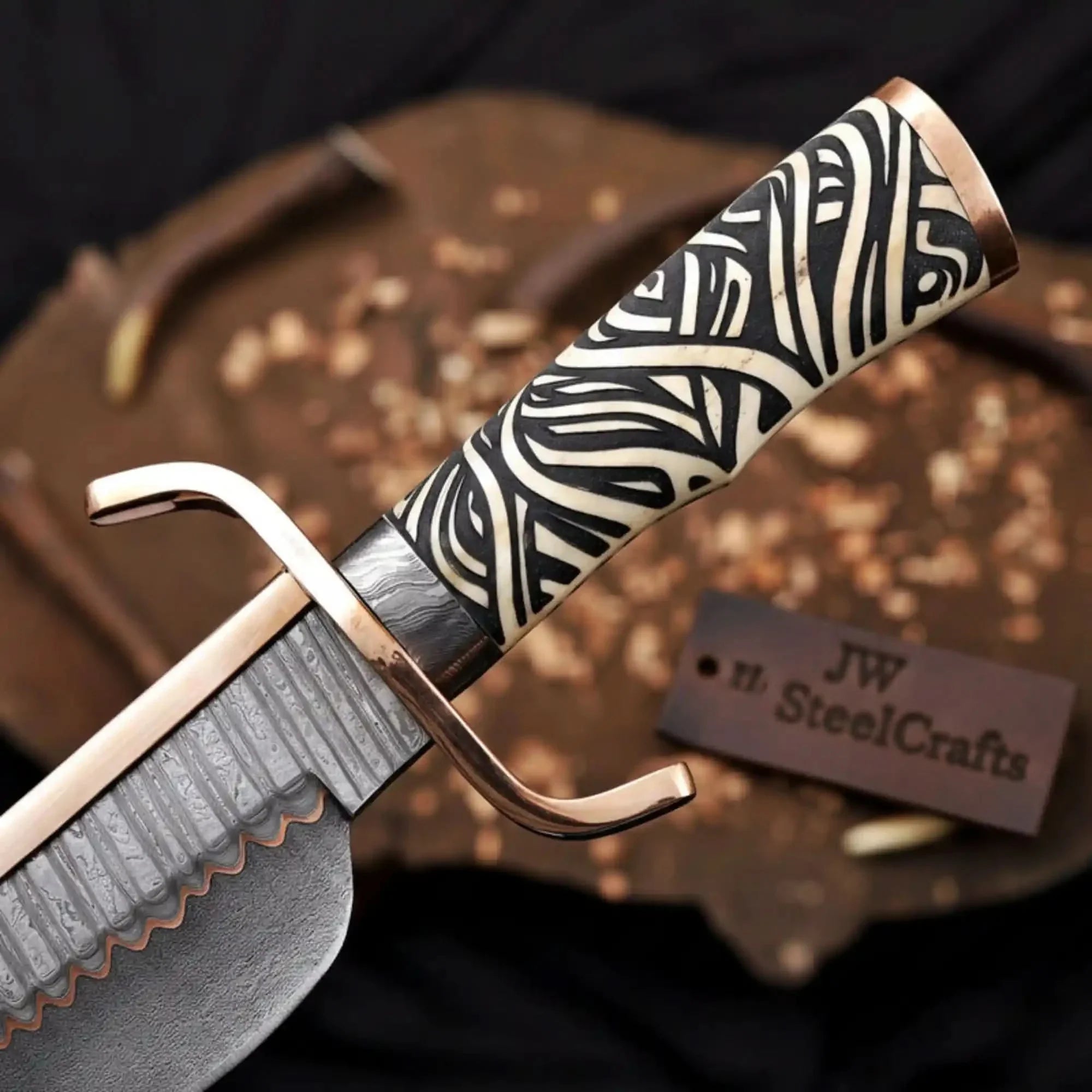 Copper Damascus Alamo Bowie Knife Handmade 12-Inch Musso-Style Collector Blade by JW SteelCrafts, Damascus knife detail photo 2