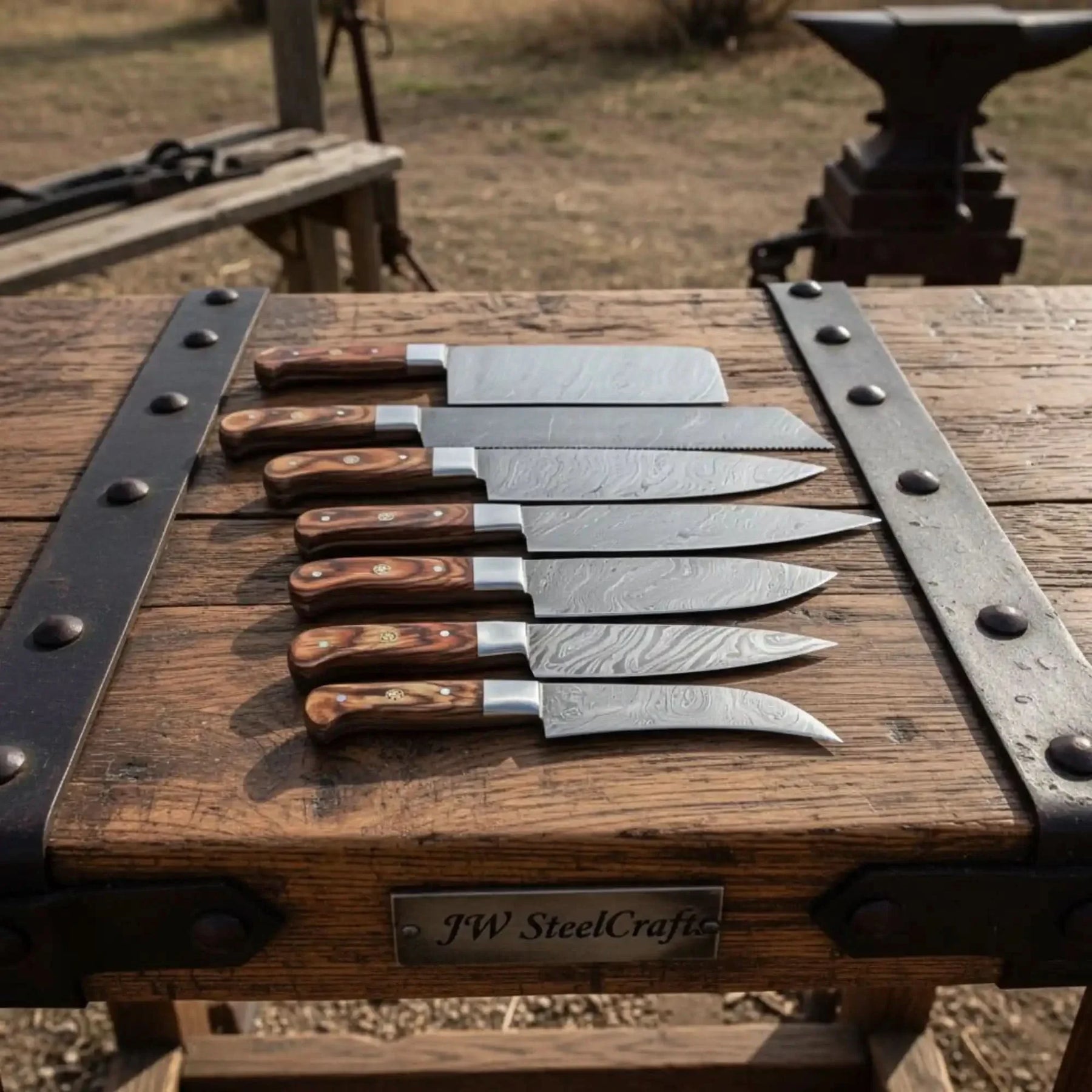 HANDMADE Damascus steel Blades kitchen knife chef knife 7 piece set