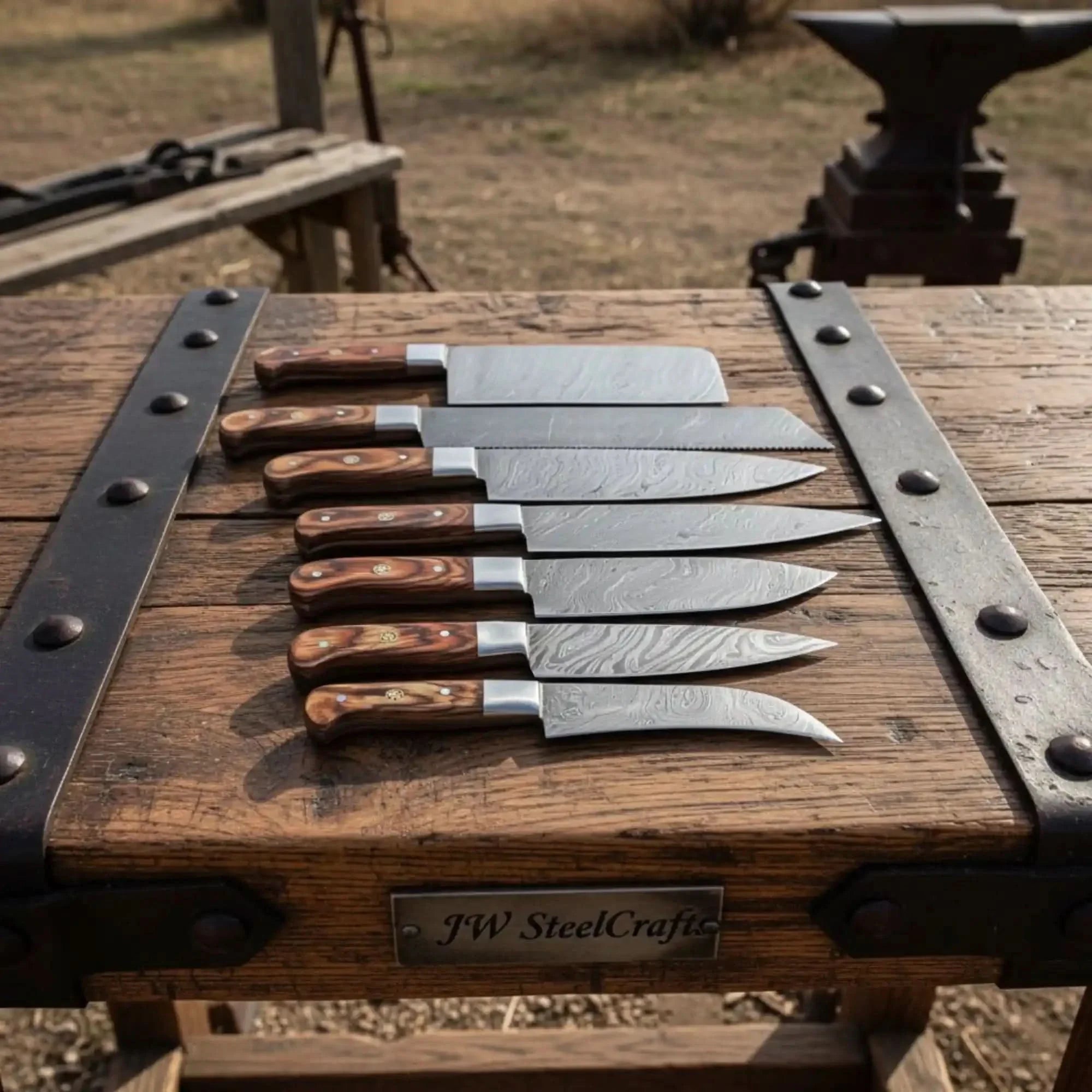 HANDMADE Damascus steel Blades kitchen knife chef knife 7 piece set by JW SteelCrafts, Damascus knife main product photo