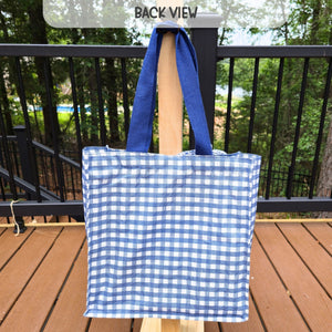 Handmade Blue Gingham Tote Bag with Pockets & Floral Lining