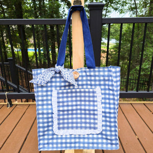 Handmade Blue Gingham Tote Bag with Pockets & Floral Lining