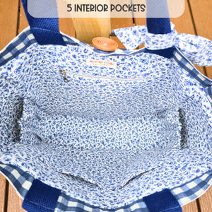 Handmade Blue Gingham Tote Bag with Pockets & Floral Lining